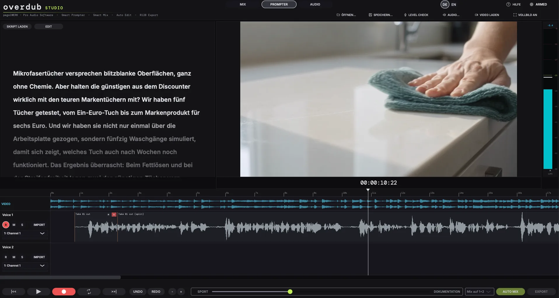 pegelWERK overdub STUDIO, Prompter-Ansicht: Skript links, Video rechts, Text läuft mit der Stimme mit